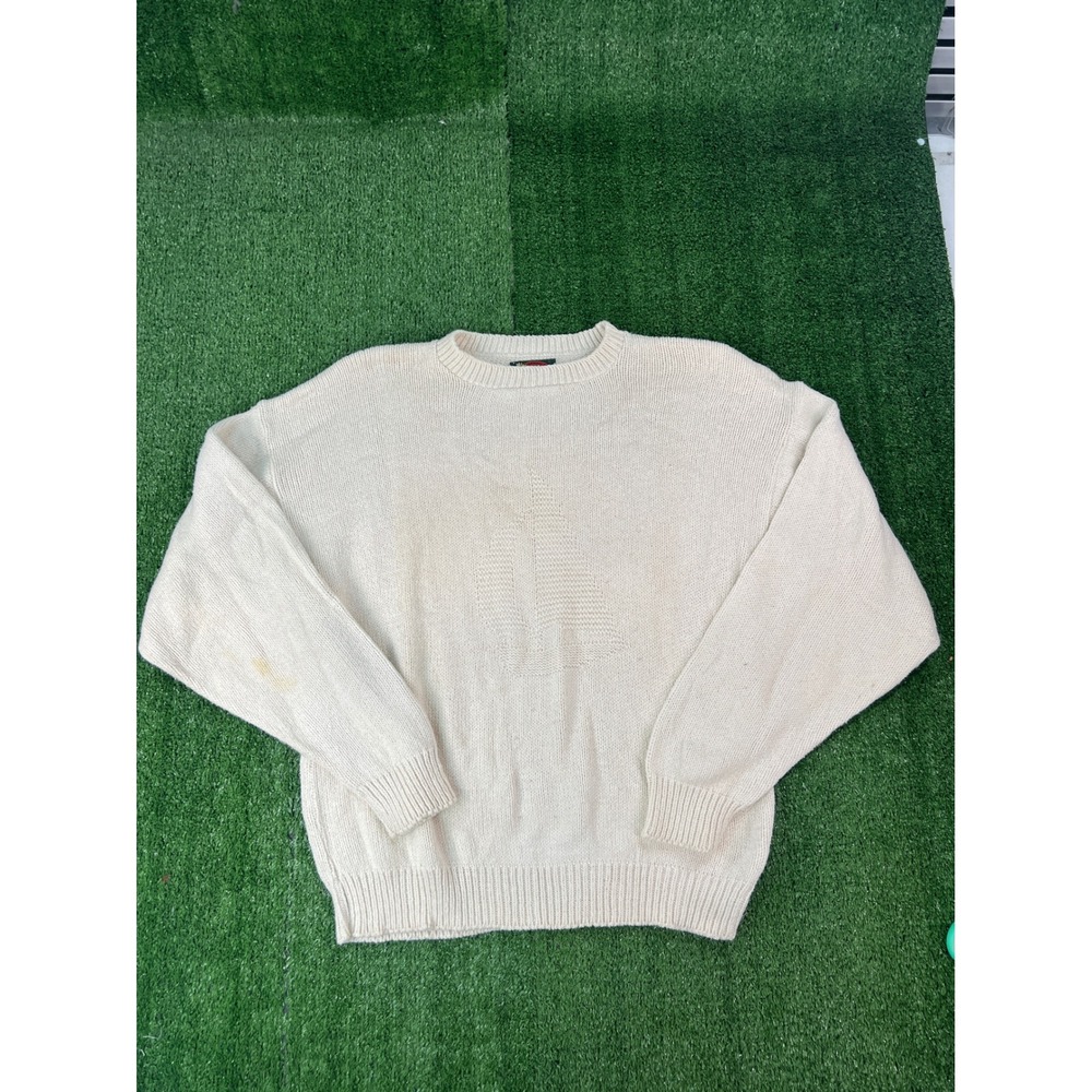 Vintage Alps Mens Cream Sailboat Knit Crewneck Sweater Large Nautical Coastal